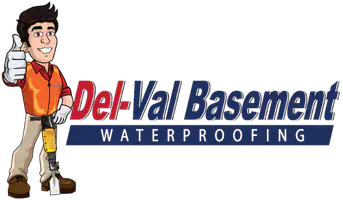 Cartoon man in work clothes giving a thumbs up stands next to the “Del-Val Basement Waterproofing” logo, highlighting expert Basement Waterproofing in Montgomery & Chester County, PA. “WATERPROOFING” is written in blue below the main company name.