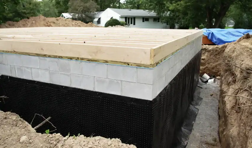 A house foundation under construction with concrete blocks, wooden beams on top, and black waterproofing material around the base. Dirt and tools are visible around the structure, with houses and trees in the background.