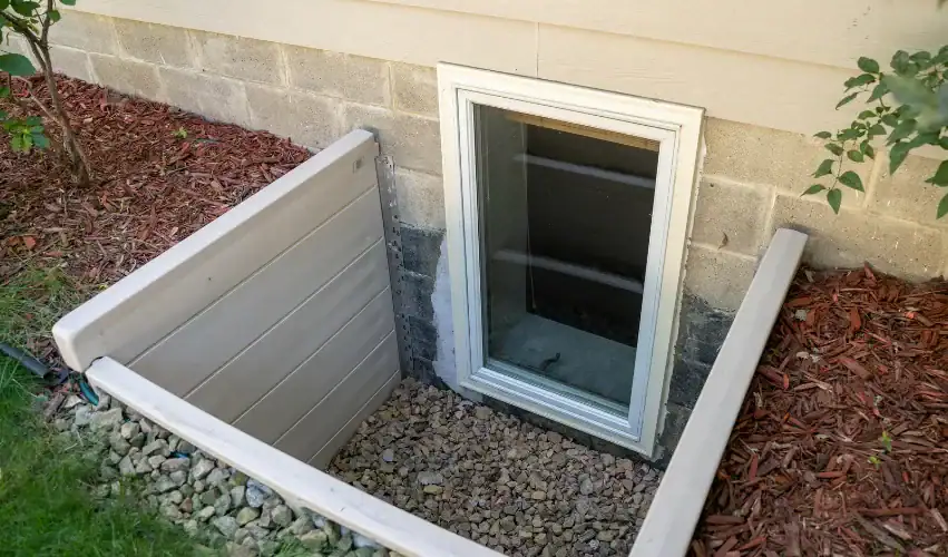 A basement egress window with a white frame is shown, surrounded by a window well lined with light-colored panels and filled with small rocks. Red mulch and grass border the area.